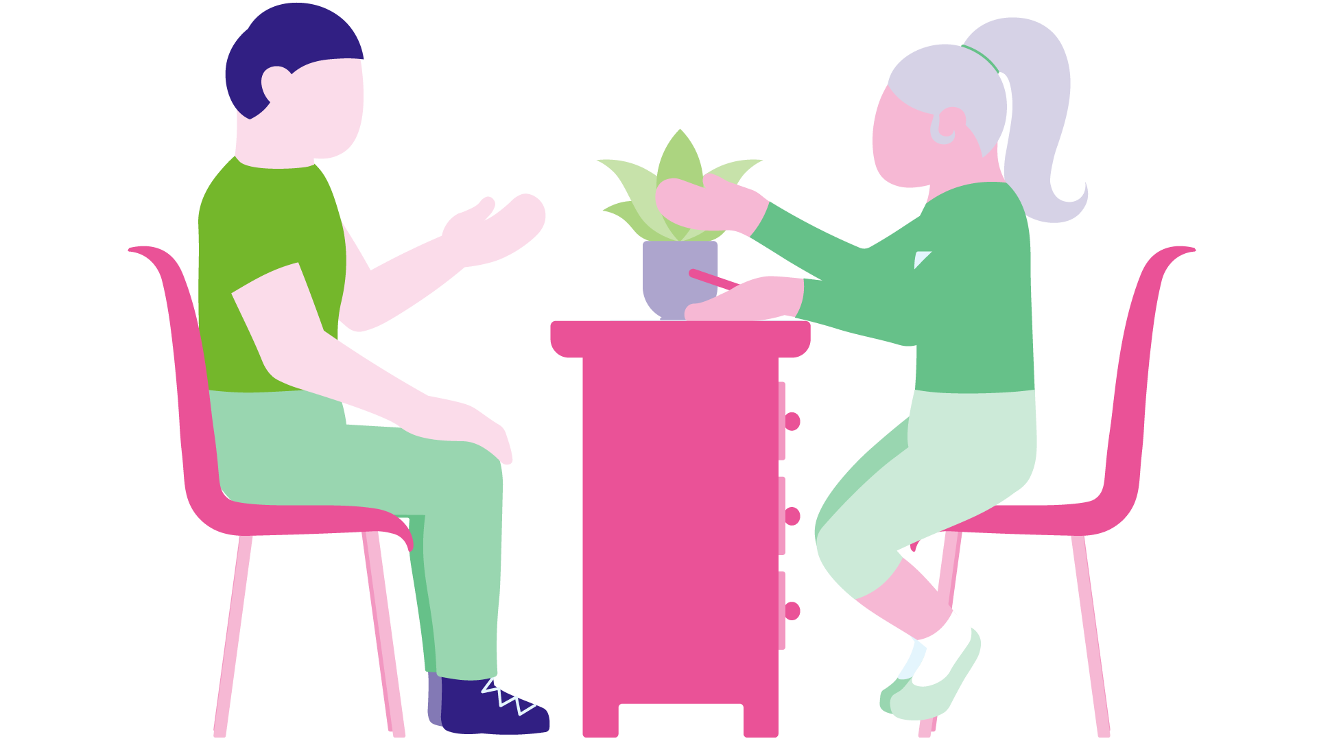 Piirroskuva, jossa kaksi ihmistä istuu tuoleilla ja keskustelee.