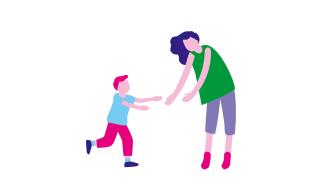 Lapsi juoksee äidin syliin. Kuvituskuva.