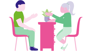 Piirroshahmo henkilöt istuvat pöydän ääressä.