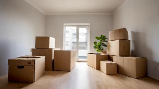 Muuttolaatikoita asunnossa