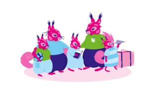 Piirroskuvassa on kaksi aikuista oravaa ja kolme oravan poikasta.