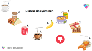 Erilaisia välipaloja ja juomia, joiden yhteydessä varoitetaan liian usein syömisestä.