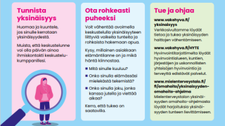 Meillä voit puhua yksinäisyydestä. Tunnista yksinäisyys. Ota rohkeasti puheeksi. Tue ja ohjaa.