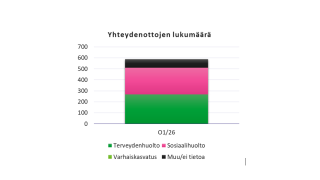 Yhteydenotoista 268 on koskenut terveydenhuoltoa, 241 sosiaalihuoltoa, 1 varhaiskasvatusta ja 77muuta tai ei tietoa. 
