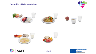Esimerkkikuva päivän aterioista: viisi tasapainoista ateriaa, jotka sisältävät kasviksia, hedelmiä tai marjoja, viljatuotteita, proteiinia sekä vettä ruokajuomana.