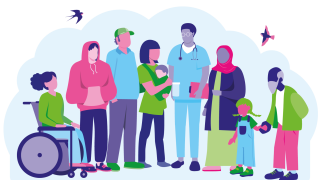 Piirroshahmoja ryhmässä seisomassa vierekkäin.