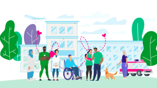 Kuvassa henkilöitä yhdessä rakennuksen edessä, kuvassa myös koira ja ajoneuvoo