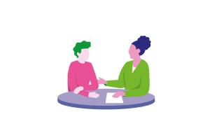 Piirroshahmot keskustelevat pöydän ääressä.