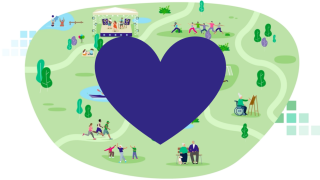 Kuva, jossa taustalla polkuja, joiden varrella ihmisiä tekemässä eri toimintoja kuten maalaamassa. Kuvan keskellä iso lila sydän. 